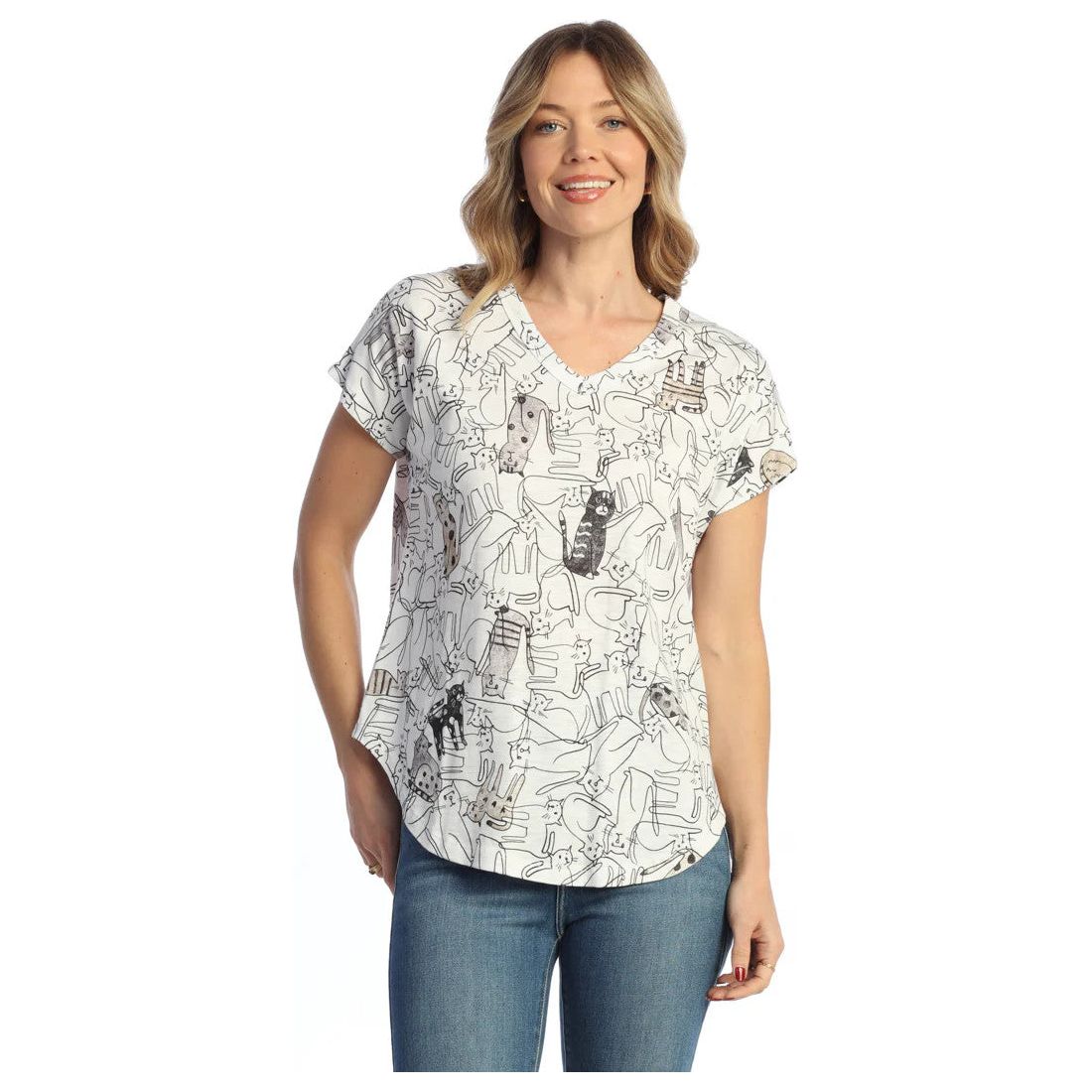 Jess & Jane Purrfect Easy Fit V-Neck Top (WHT/BLK)