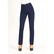 Button closure-zip front
Heart detail rivets
Higher Rise/Sits at the natural waist
Form fitting through hip and thighs
Straight through knees and calves
Flattens the tummy and lifts the behind
Faux front pockets/Two back pockets 
Front rise: 9 3/4" Inseam: 33?â??¥ Leg opening circumference: 14 3/4?â??¥
65% Cotton, 35% Lycra