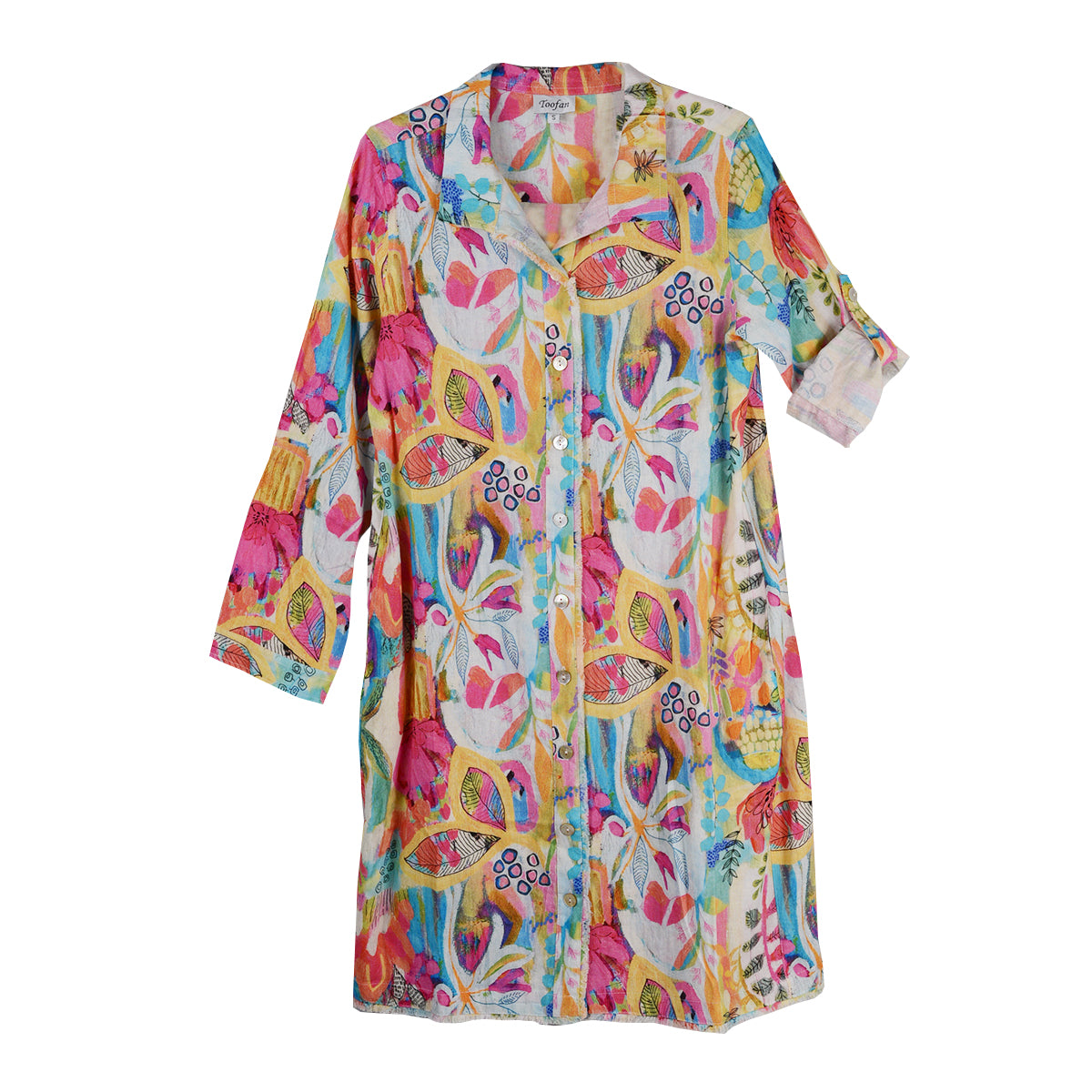 Toofan Fringe Trim Button Front Linen Blend Dress Leave Print (LP52-07)