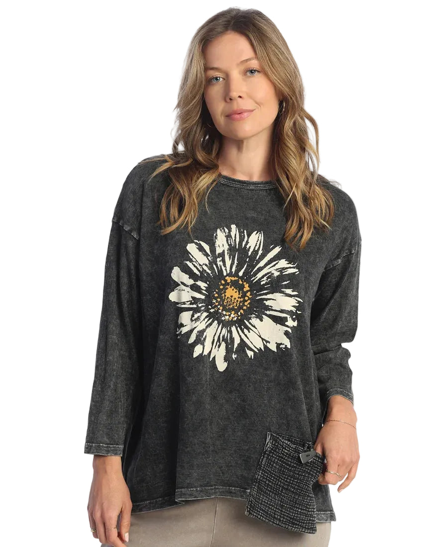 Jess & Jane Daisy Day Mineral Wash Cotton Tunic With Pocket (M12-1695)(Black)