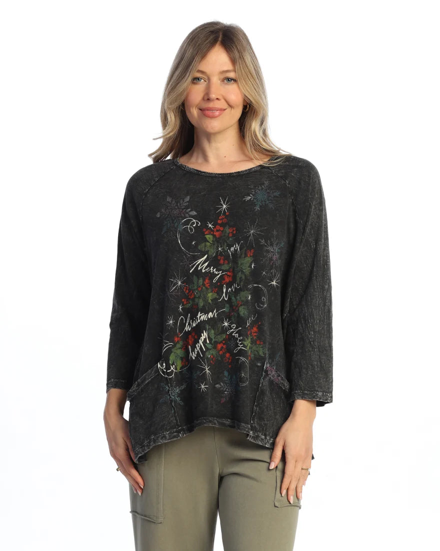 Jess & Jane Holly Jolly Mineral Wash Cotton Slub Patch Pockets Tunic (M12-2258)(Black)