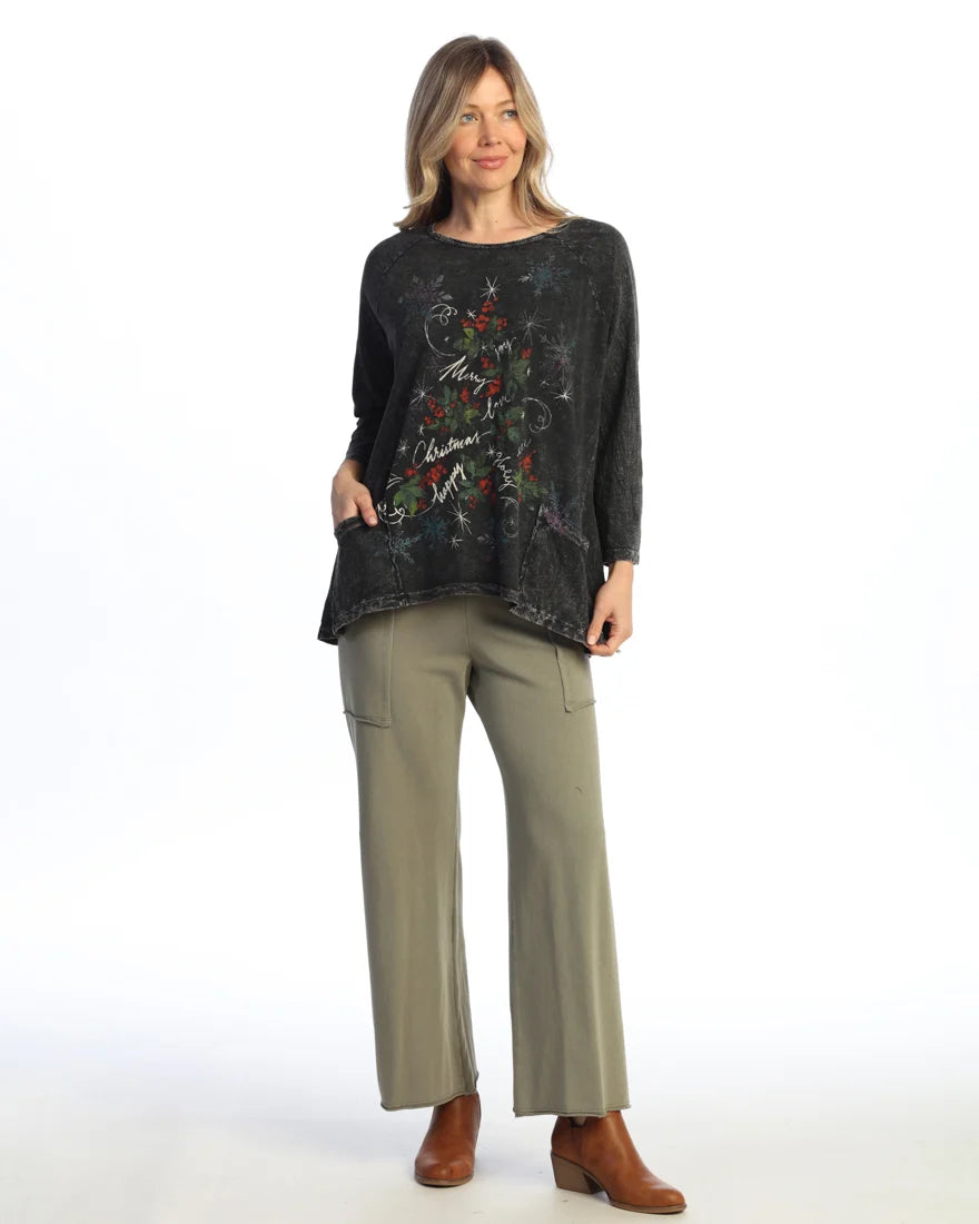 Jess & Jane Holly Jolly Mineral Wash Cotton Slub Patch Pockets Tunic (M12-2258)(Black)