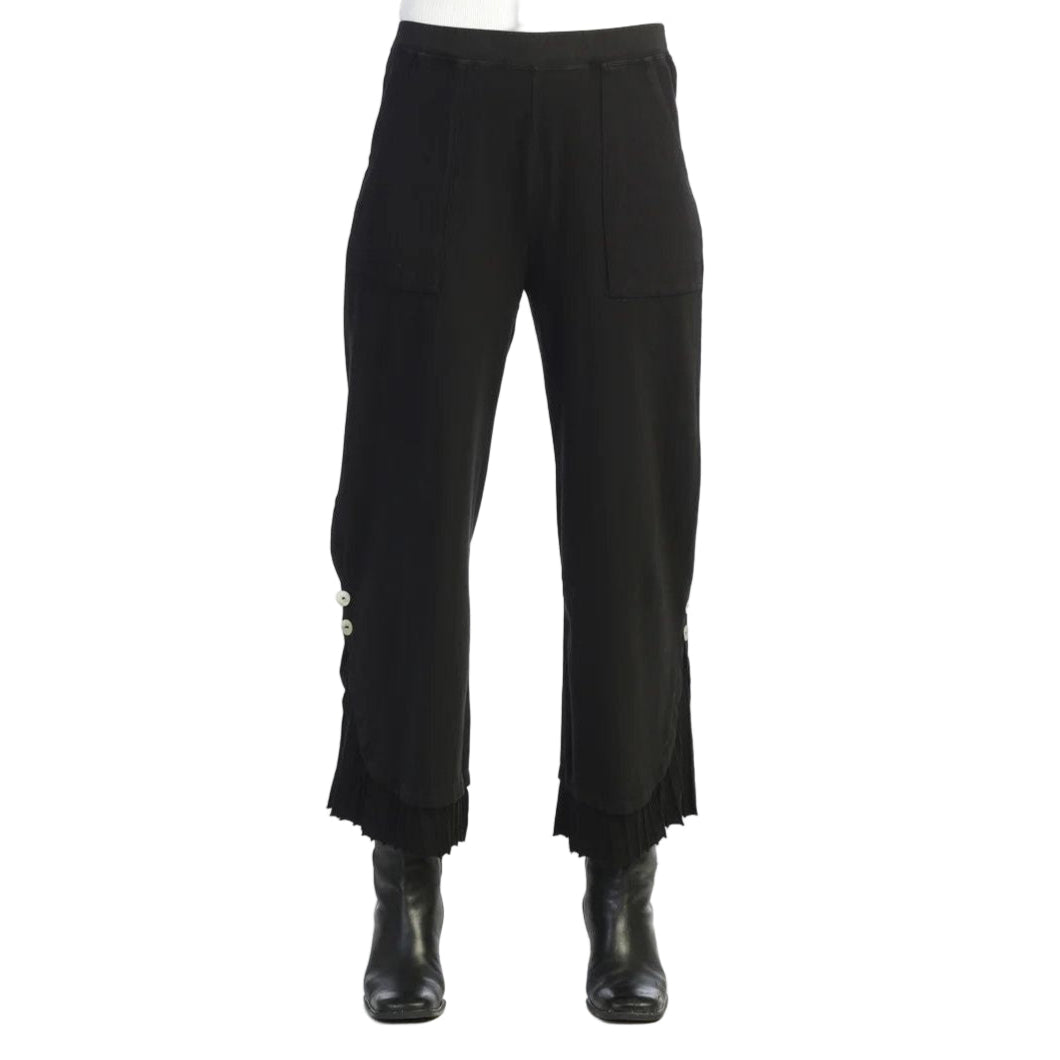 Jess & Jane Jet Black Pleated Ribbed Hem Button Accent Pant (M125)