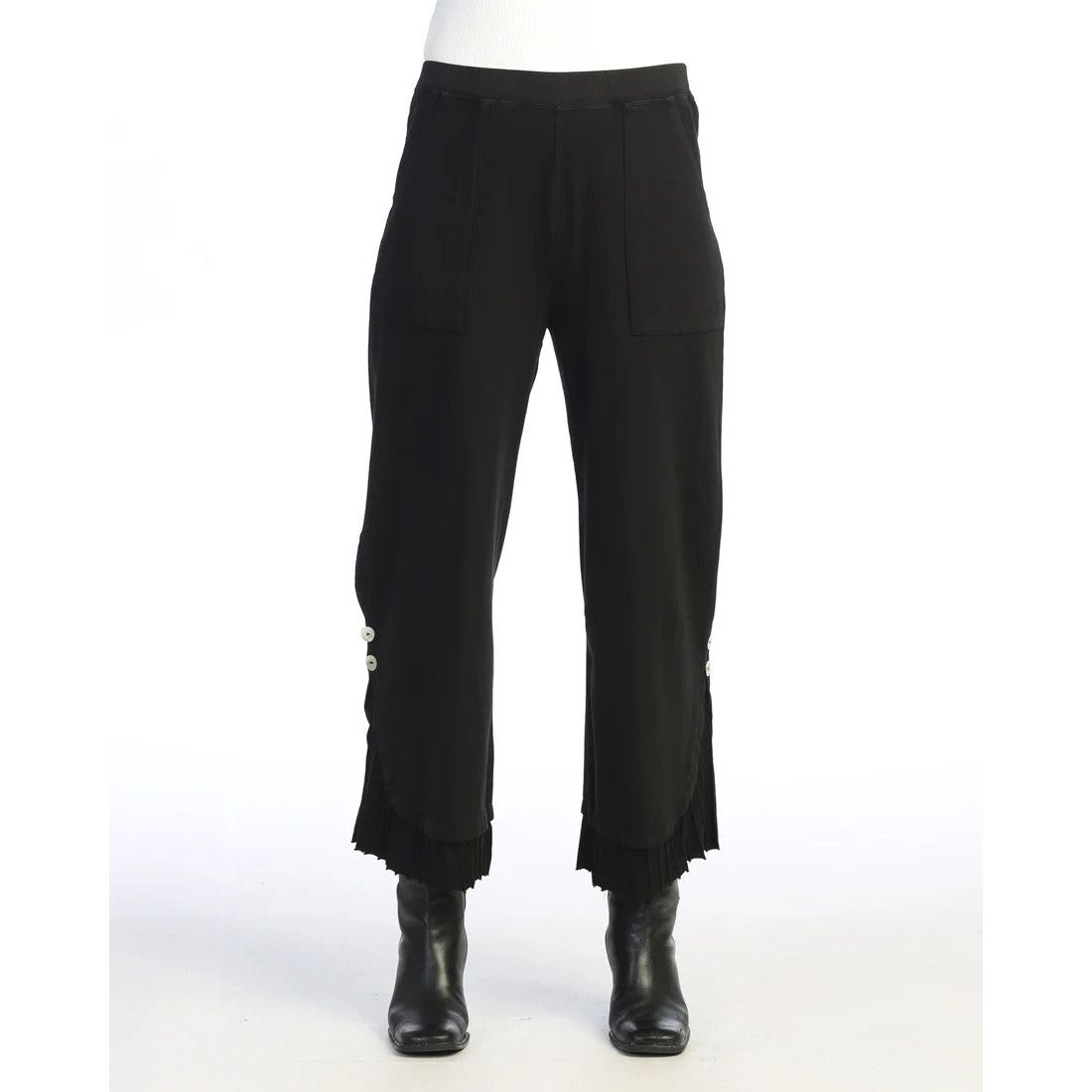 Jess & Jane Jet Black Pleated Ribbed Hem Button Accent Pant