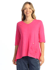 Jess & Jane Solid Elbow Sleeve Cotton Slub V-Neck Pocket Tee  (M139) (Three Colors)