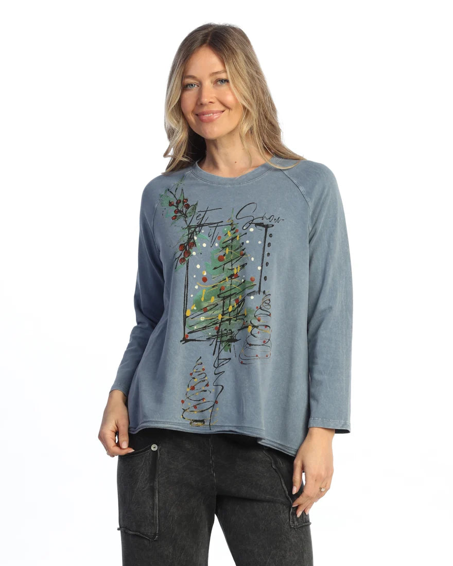 Jess & Jane Mineral Wash Raglan Sleeve Let It Snow Terry Spandex Top (M148-2279 (Vintage Denim)