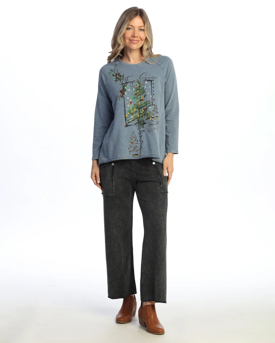 Jess & Jane Mineral Wash Raglan Sleeve Let It Snow Terry Spandex Top (M148-2279 (Vintage Denim)