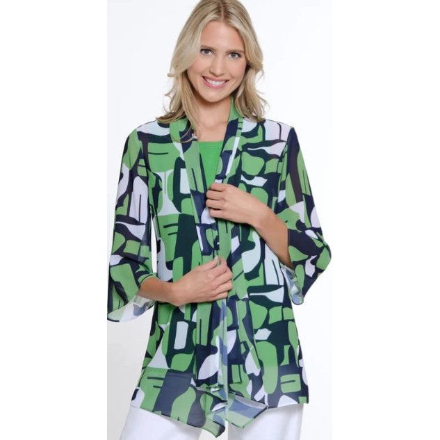 Multiples Geo Multi Drapey Open Front Flare Sleeve Jacket (GRN/MID)