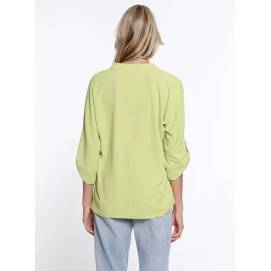 Multiples Roll Tab Sleeve Y-Neck Collar Solid Top (2 Colors)