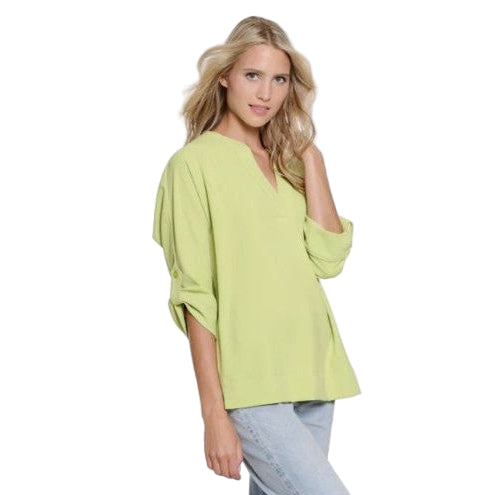 Multiples Roll Tab Sleeve Y-Neck Collar Solid Top (2 Colors)