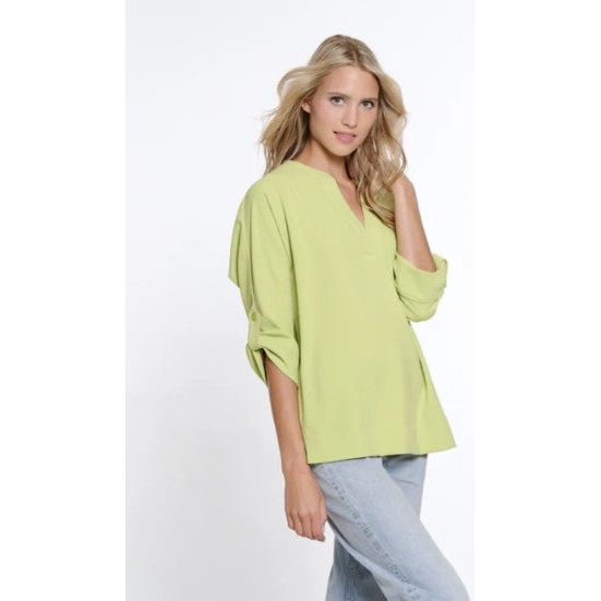Multiples Roll Tab Sleeve Y-Neck Collar Solid Top (2 Colors)
