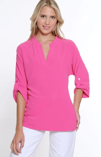 Multiples Roll Tab Sleeve Y-Neck Collar Solid Top (2 Colors)