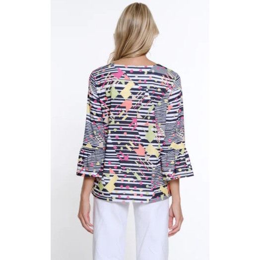 Multiples Stripe Print Flounce Sleeve Crew Neck Top