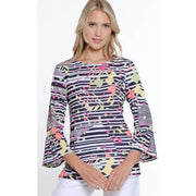 Multiples Stripe Print Flounce Sleeve Crew Neck Top