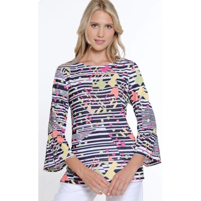Multiples Stripe Print Flounce Sleeve Crew Neck Top