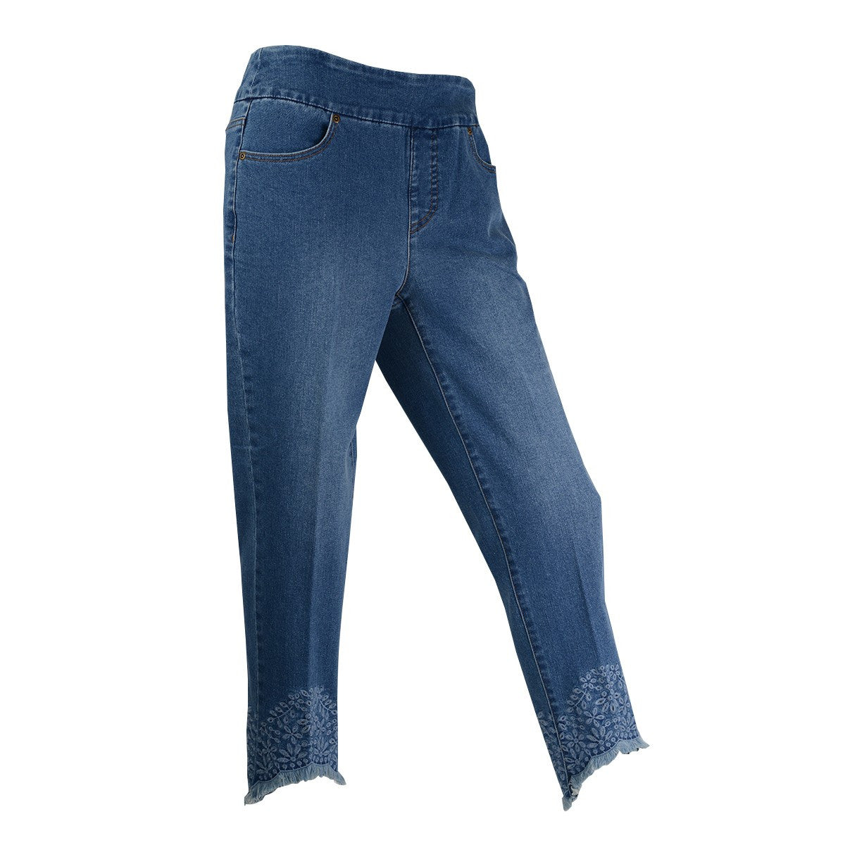 Multiples Embroidered Hem Pull On Pocket Ankle Jeans