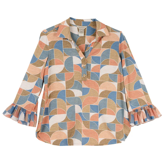 Multiples Petite Pleated Flounce Sleeve Y-Neck Pull Over Top (CIRMLT)(M16108TP)