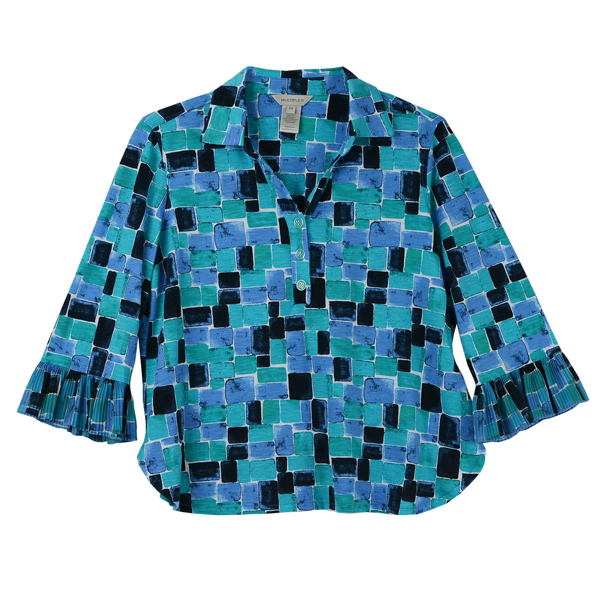 Multiples Pleated Flounce Sleeve Y-Neck Pull Over Top (Squares Multi)(M16108TM)