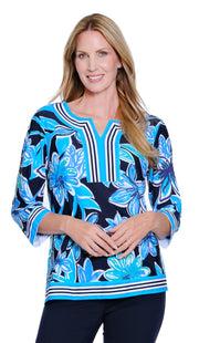 Multiples Pleated Flounce Sleeve Y-Neck Placket Pull Over Top (Floral )(M16304TM)