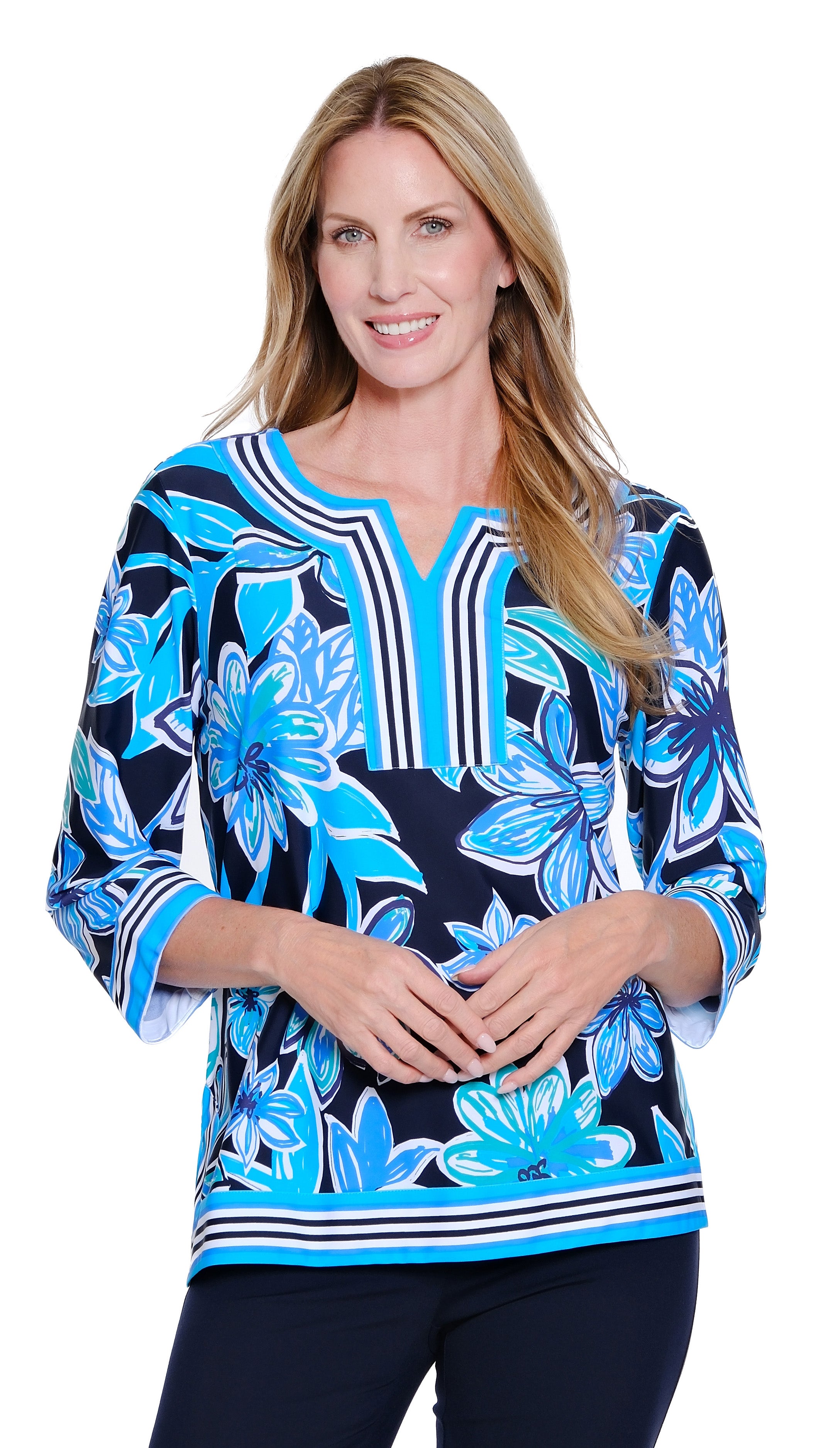 Multiples Petite Pleated Flounce Sleeve Y-Neck Placket Pull Over Top (Floral )(M16104TP)