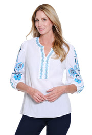 Multiples Petite 3/4 Puff Sleeve Embroidered  Notch Neck Banded Neck Top (M16307TP)(Multi)