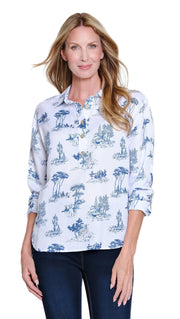 Multiples Roll Tab Long Sleeve Dog Pattern Pop-Over Top (M16503TM) (Chambray)