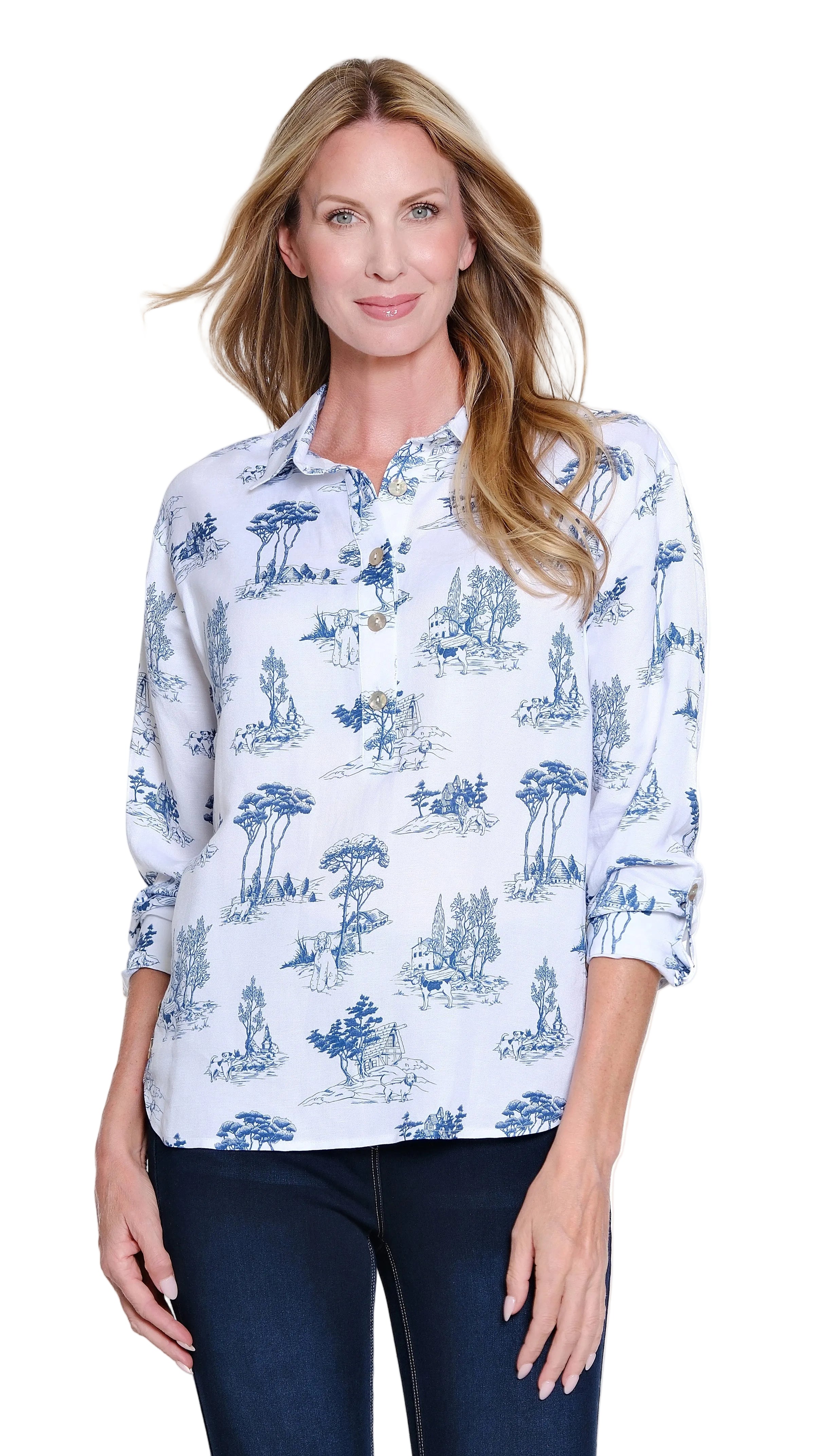 Multiples Roll Tab Long Sleeve Dog Pattern Pop-Over Top (M16503TM) (Chambray)