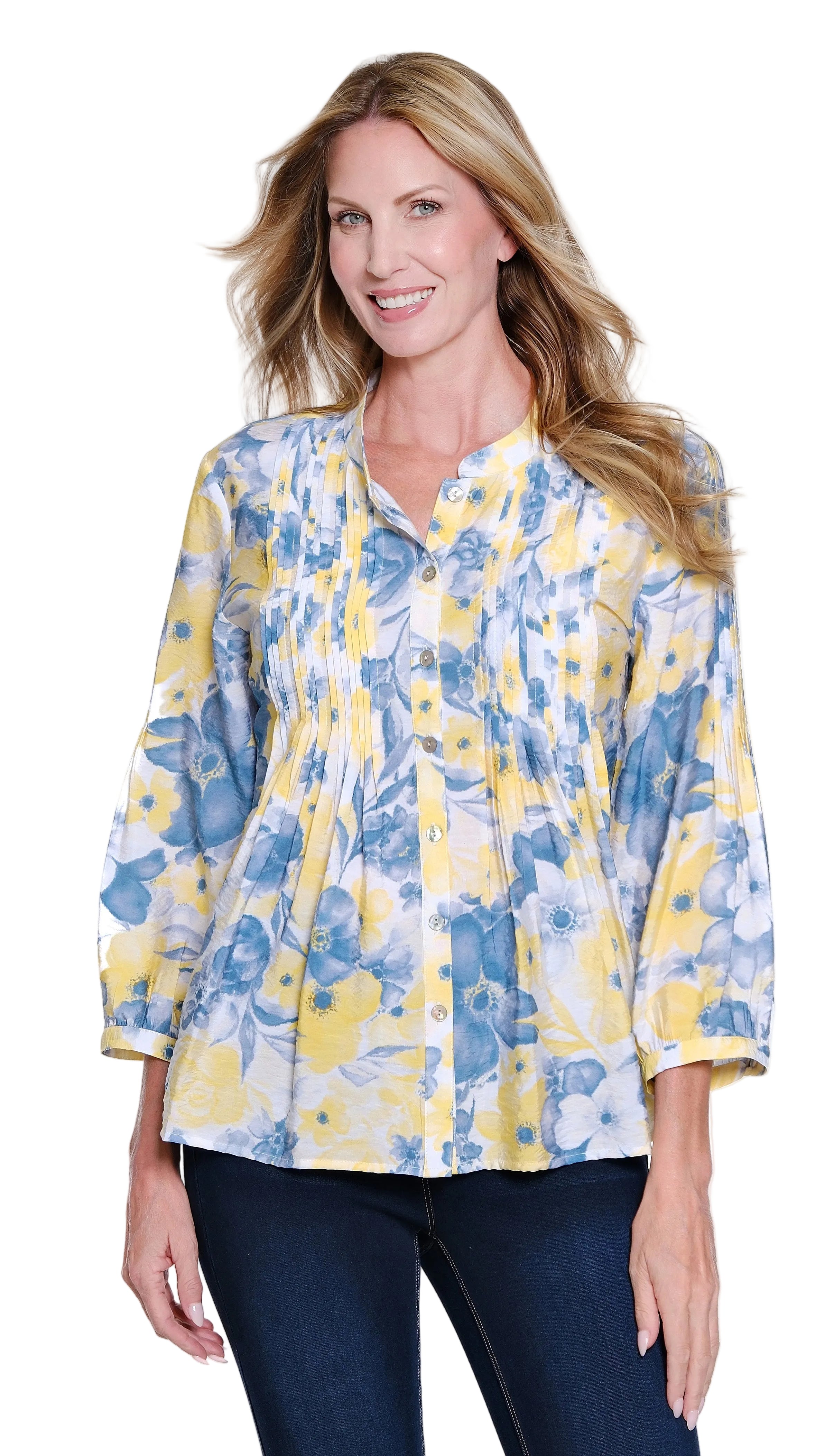 Multiples Band Collar Multi Tuck front Blouse (M16511BM) (Multi)