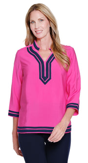 Multiples Petite Notch Neck Stand Collar With Contrast Trim Top (M16611TP)