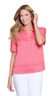 Multiples Double Fringe Hem Pop-Over Top (M26106TM)(Coral Pink)