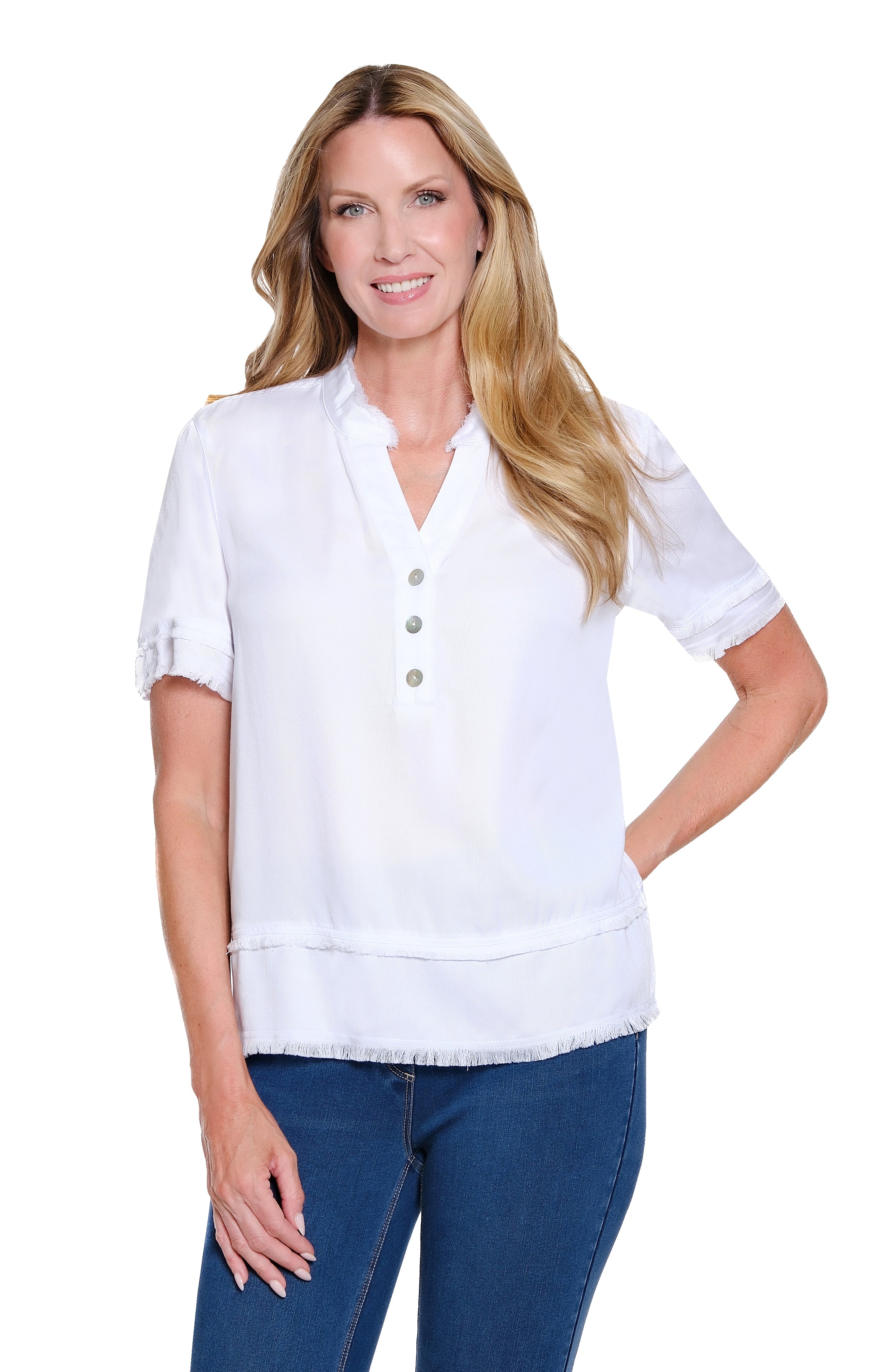 Multiples Double Fringe Hem Pop-Over Top (M26106TM)(Two Colors)