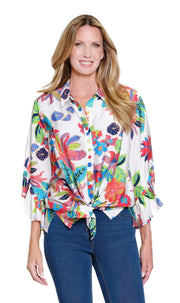 Multiples Flounce Sleeve Tie Waist Button Front Shirt (M26205BM)