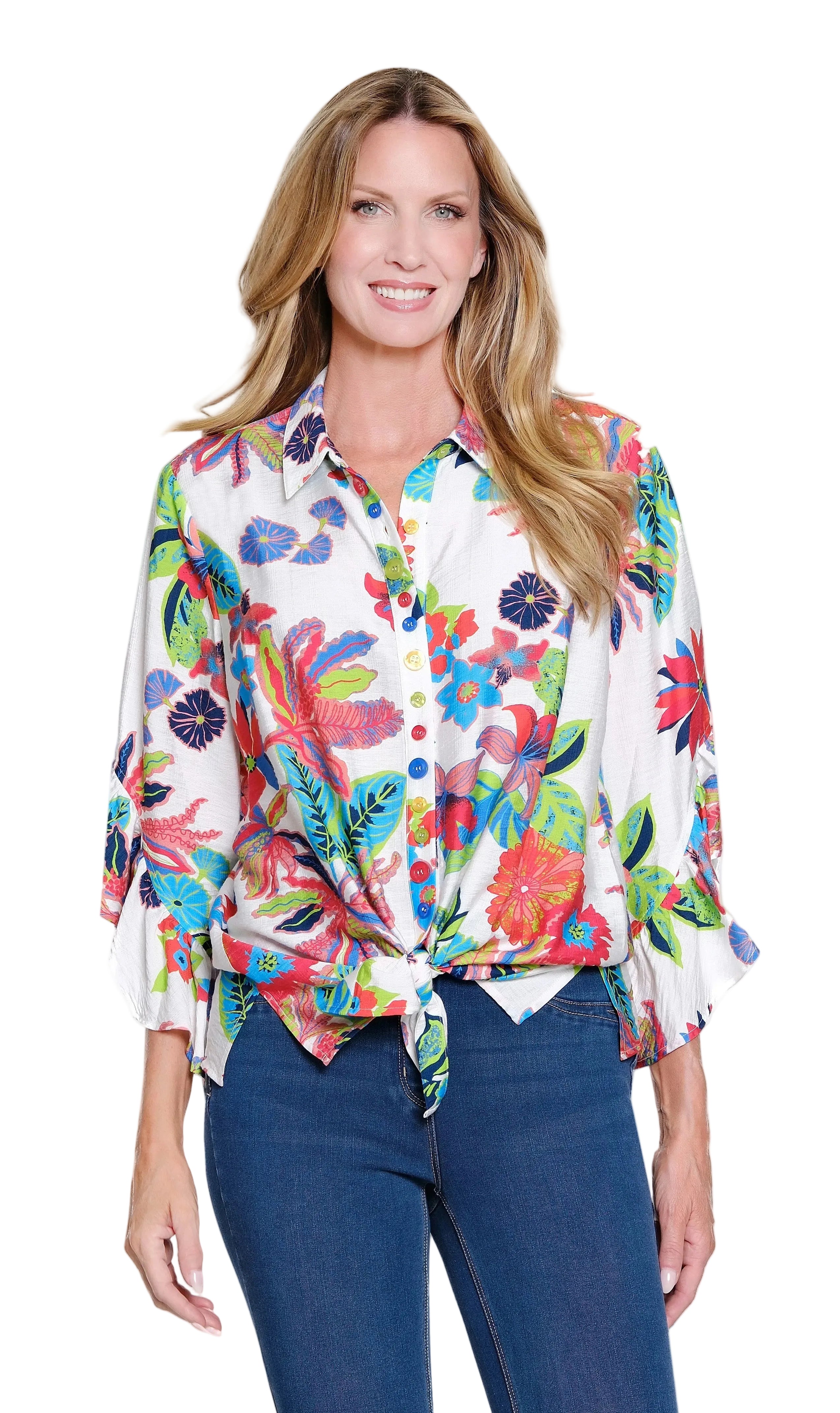 Multiples Flounce Sleeve Tie Waist Button Front Shirt (M26205BM)