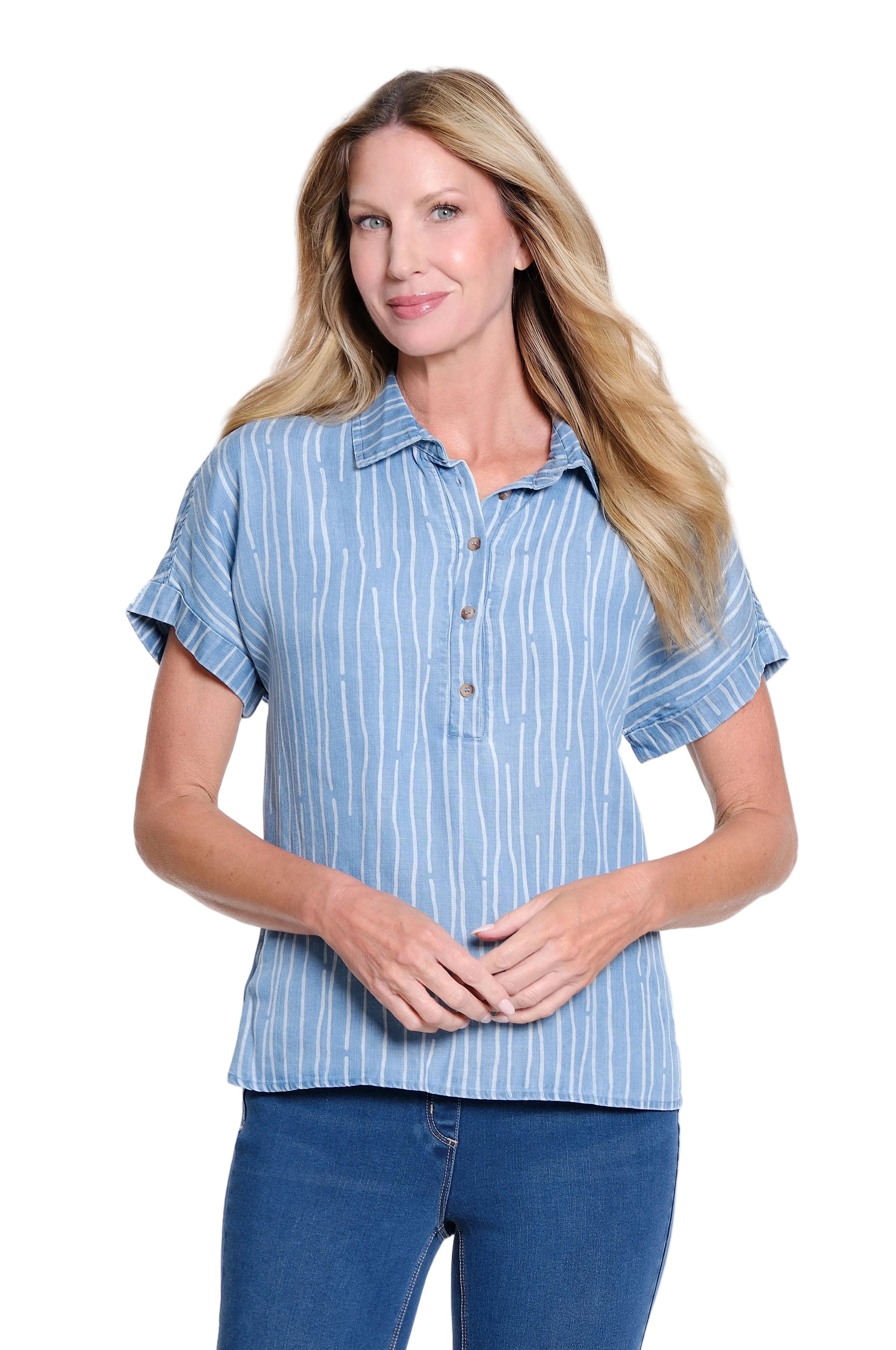 Multiples Pull Over Top With Dolman Sleeves Petite Top (M26301TP) (Light Indigo Print)