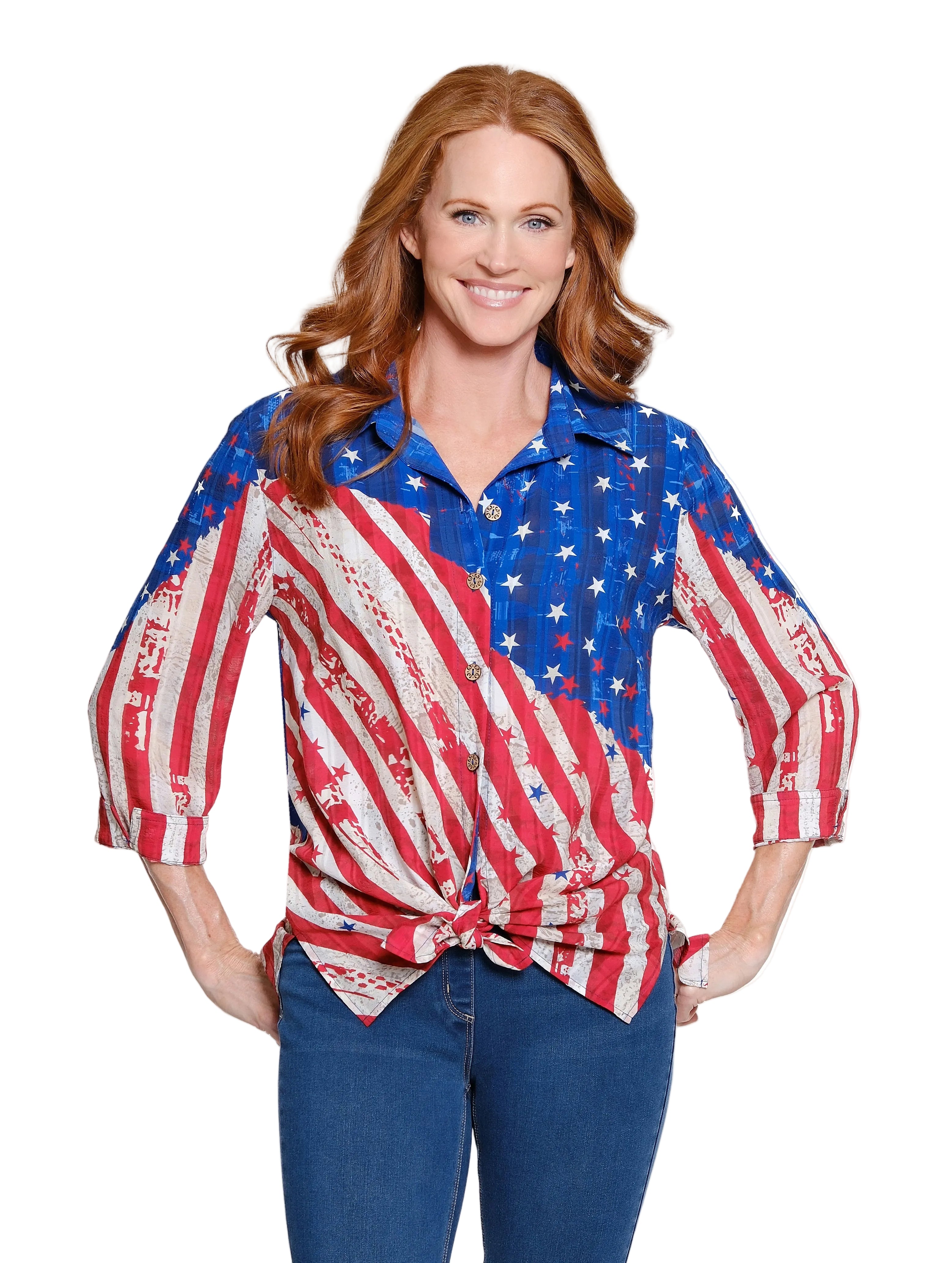 Multiples Tie Waist 3/4 Sleeve Burn Out Top (M26305BM) (Red, White, Blue)