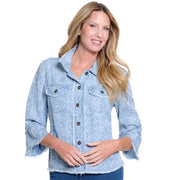 Multiples 3/4 Sleeve Top With Fringe Trim Petite Top (M26308JP) (Light Indigo Print)