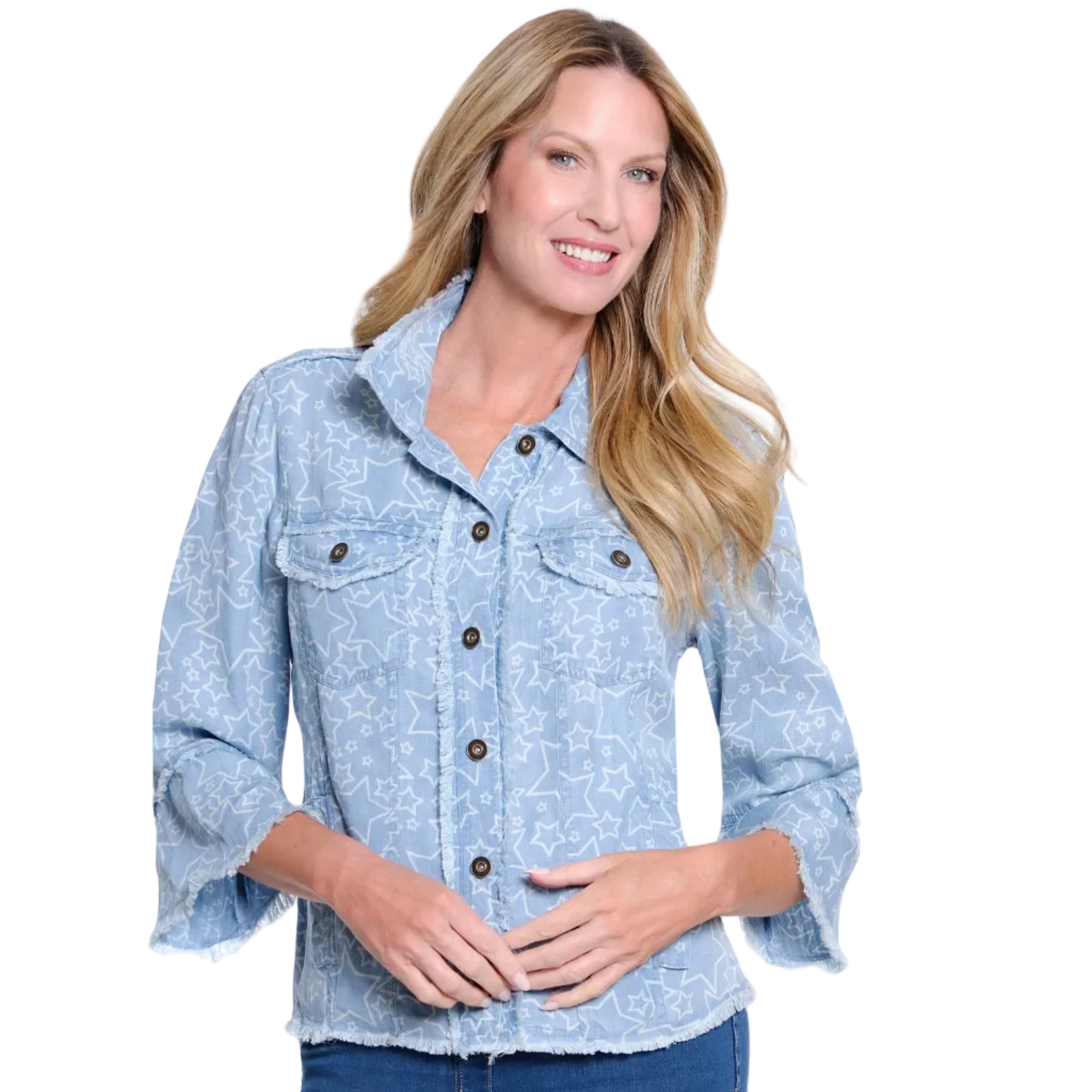 Multiples 3/4 Sleeve Top With Fringe Trim Petite Top (M26308JP) (Light Indigo Print)