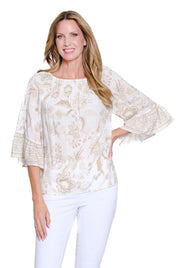 Multiples 3/4 Flounce Raglan Sleeve Shirred Neckline Top (M26404TM)(Multi)