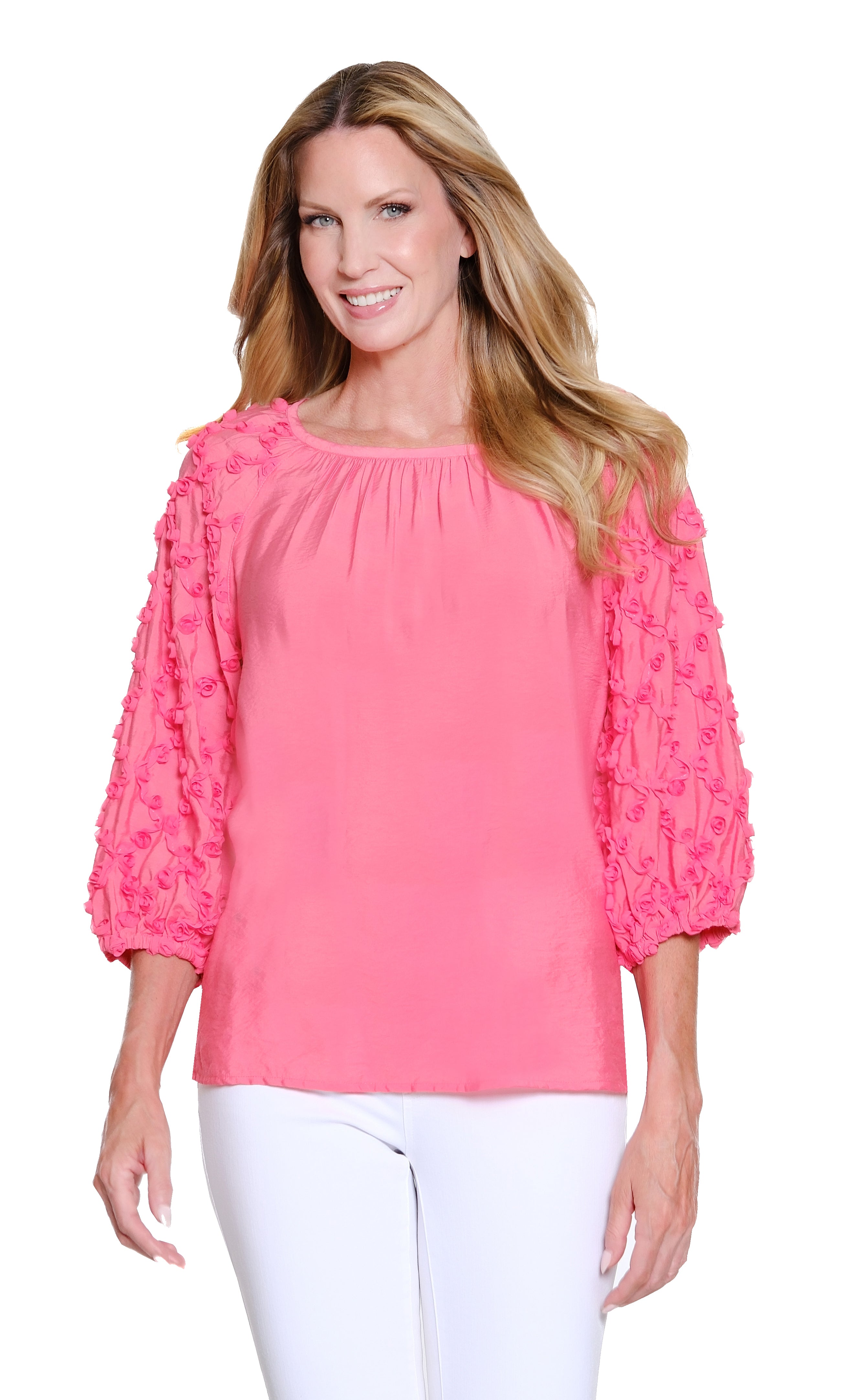 Multiples Petite  3/4 Puff Raglan Sleeve Wide Neck Peasant Top (M26602TP)(CoralPink)
