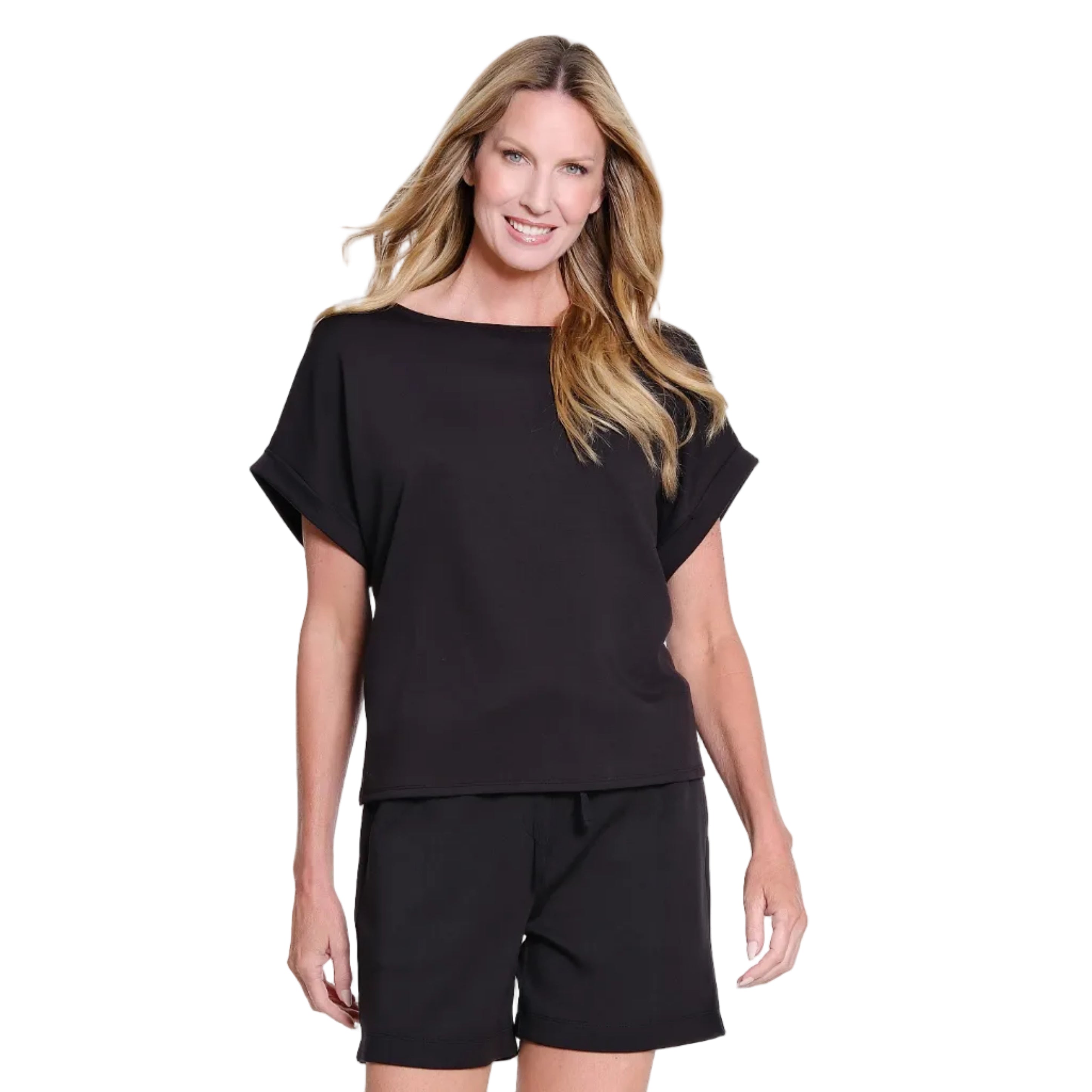 Slim-Sation Rolled Cuff Wide Neck Top (M26709TM) (Black)