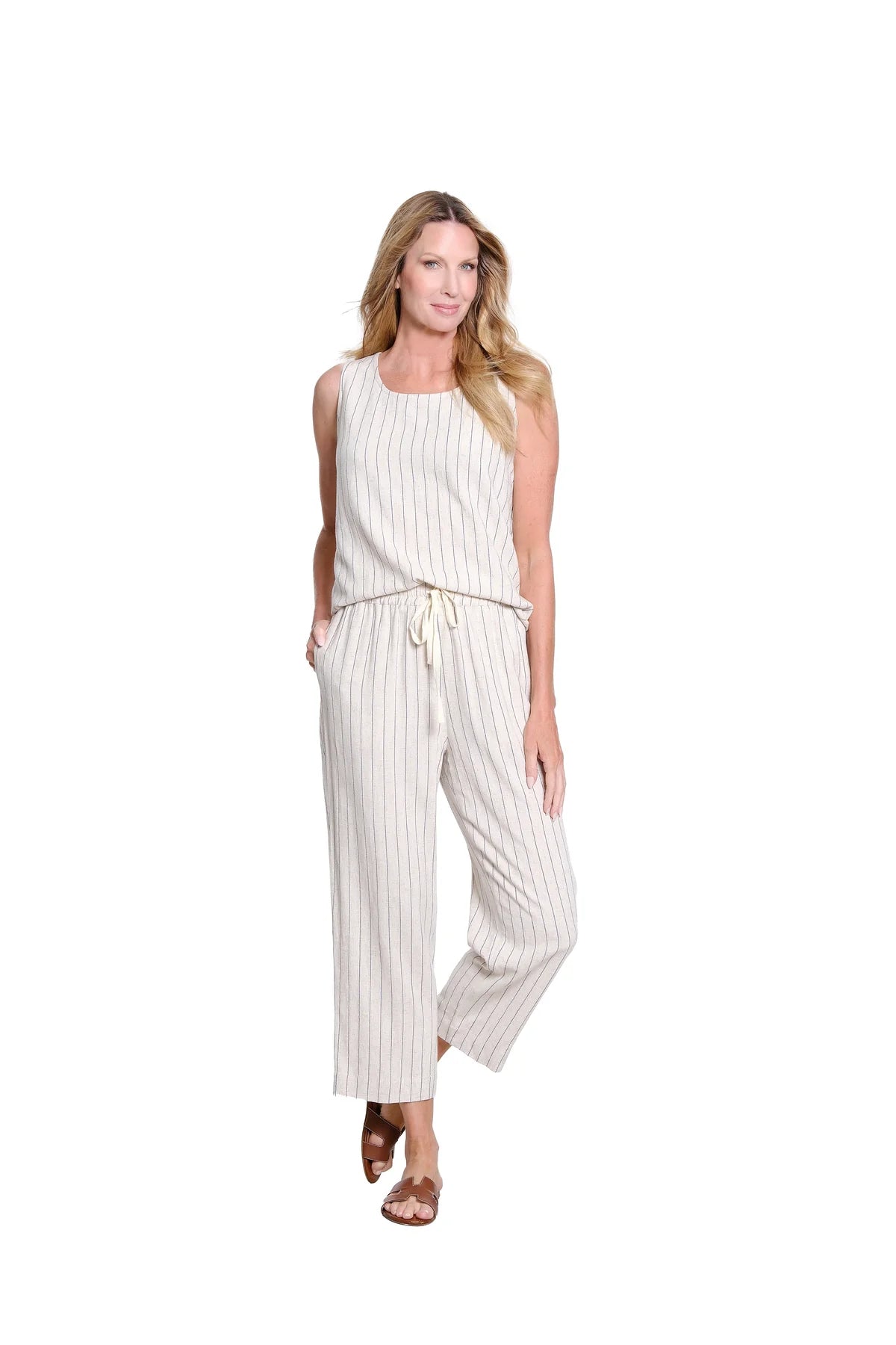 Slimsations Petite Double Scoop Neck Stripe Tank (M26712TP) (Flax)
