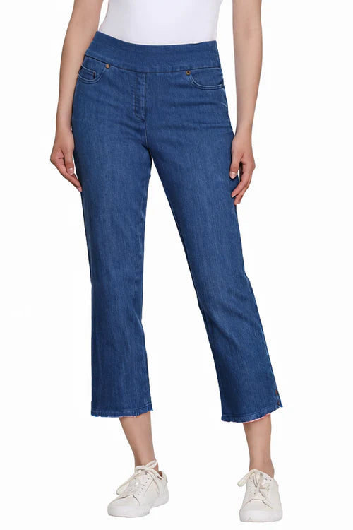 Slimsation Pull-on Fringe Hem  4-way stretch 5-Pocket Crop Pant (M26718PM) (Medium Indigo)