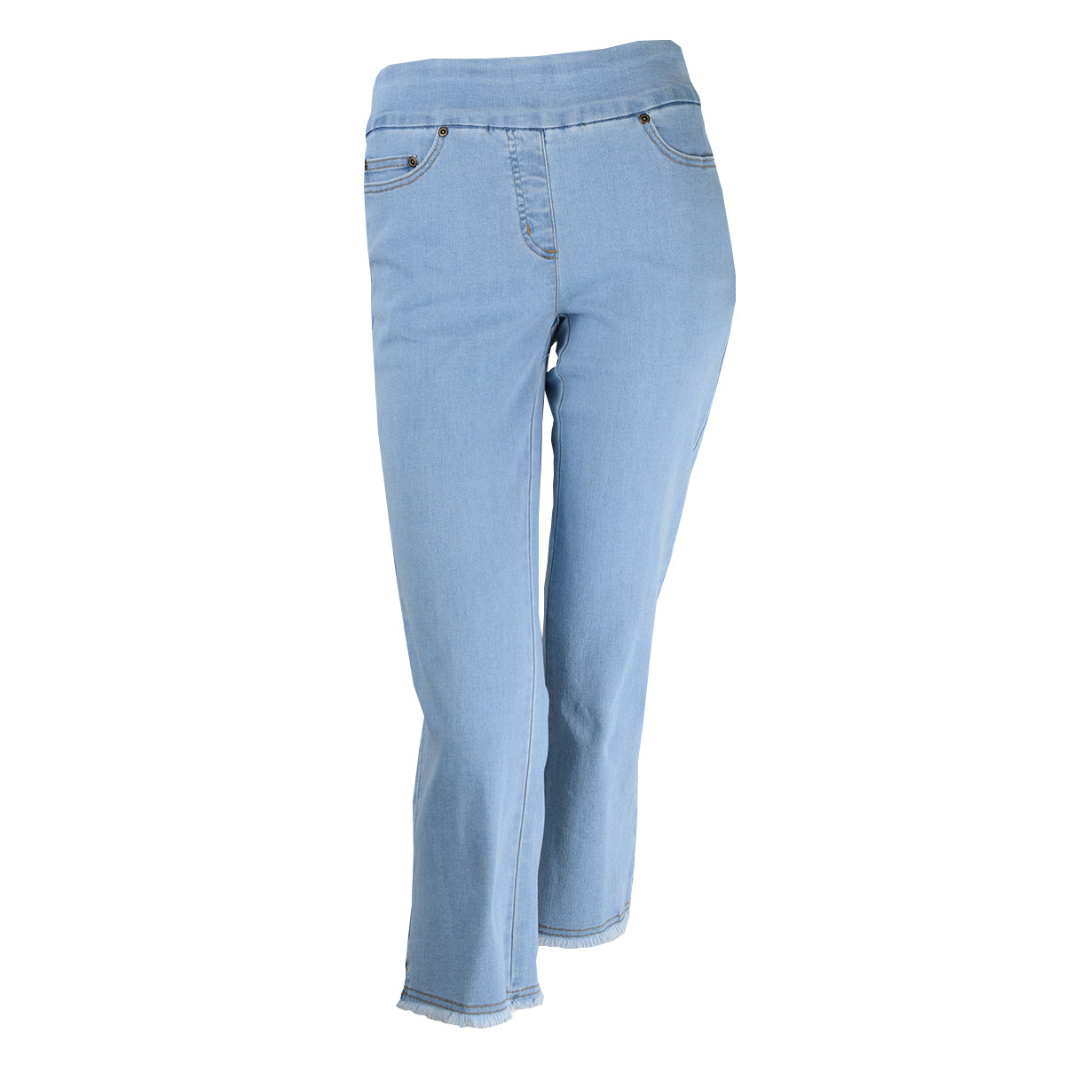 Slimsation Pull-on Fringe Hem  4-way stretch 5-Pocket Crop Pant (M26718PM) (light indigo)