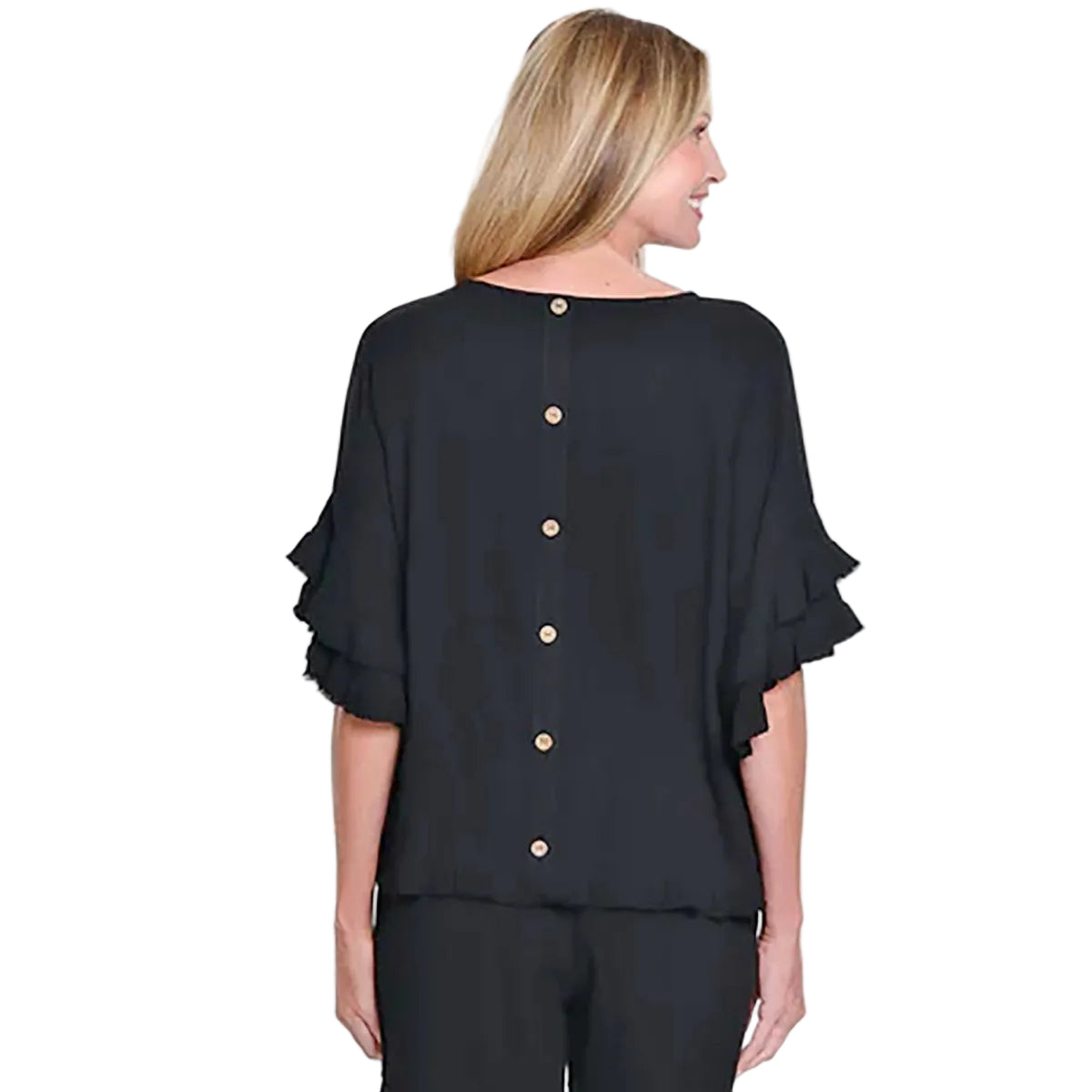 Slimsation Double Flounce Raglan Fringe Hem Linen Top (M26720TM)(Black)