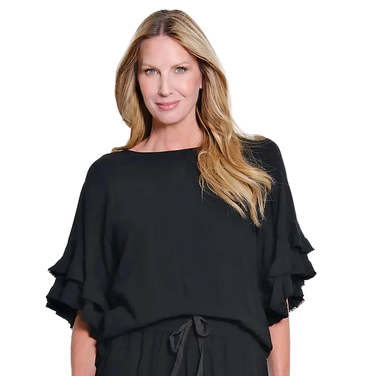 Slimsation Double Flounce Raglan Fringe Hem Linen Top (M26720TM)(Black)