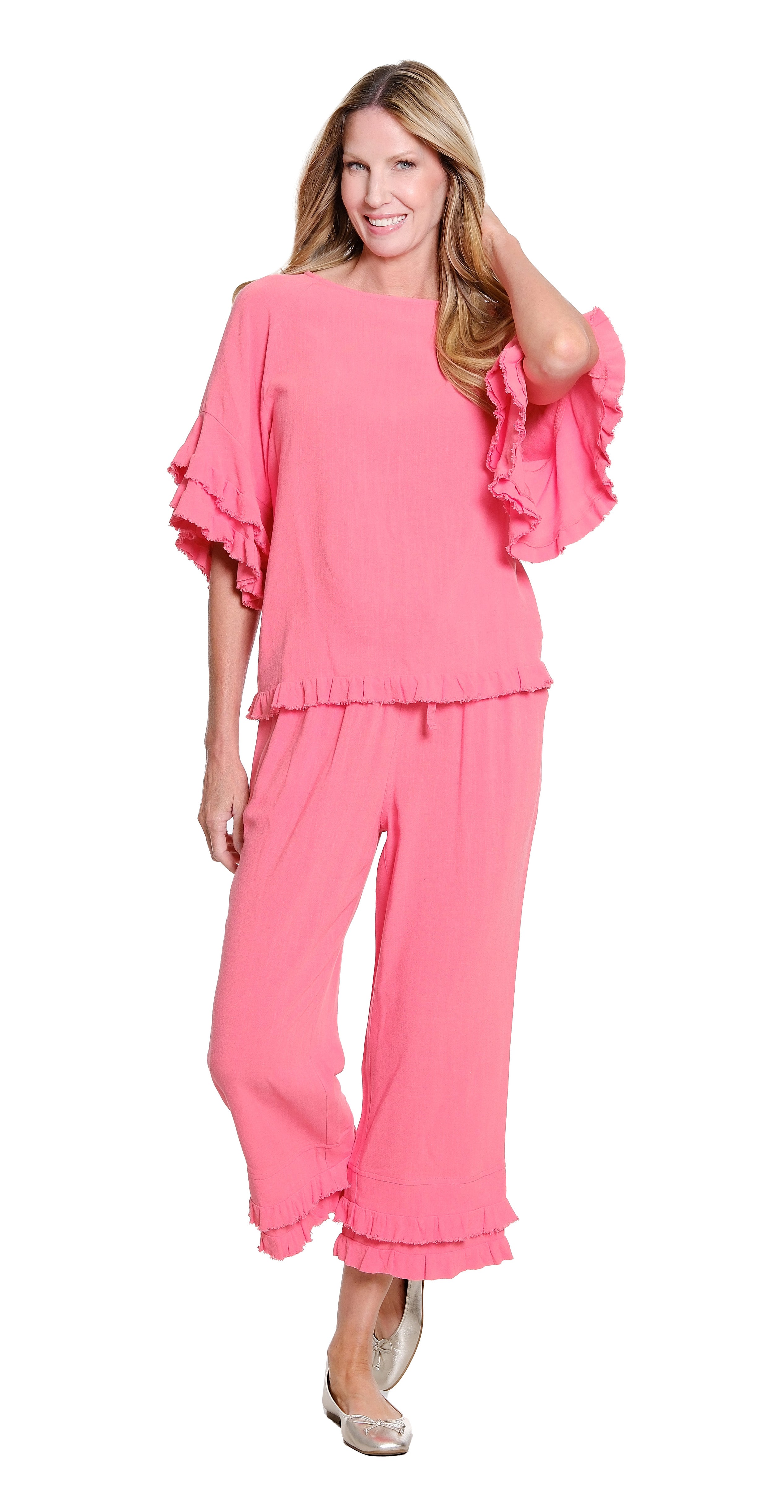 Slimsation Double Ruffle Hem Drawstring Crop Pant (M26721PM)(Coral Pink)