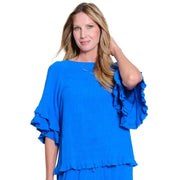 Slimsation Petite Double Flounce Raglan Fringe Hem Linen Top (M26720TP)(Electric Blue)