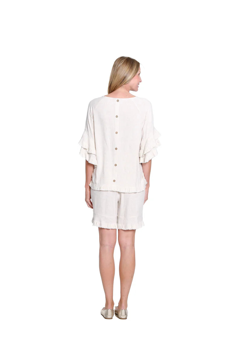Slimsation Double Flounce Raglan Fringe Hem Linen Top (M26720TM)(Flax)