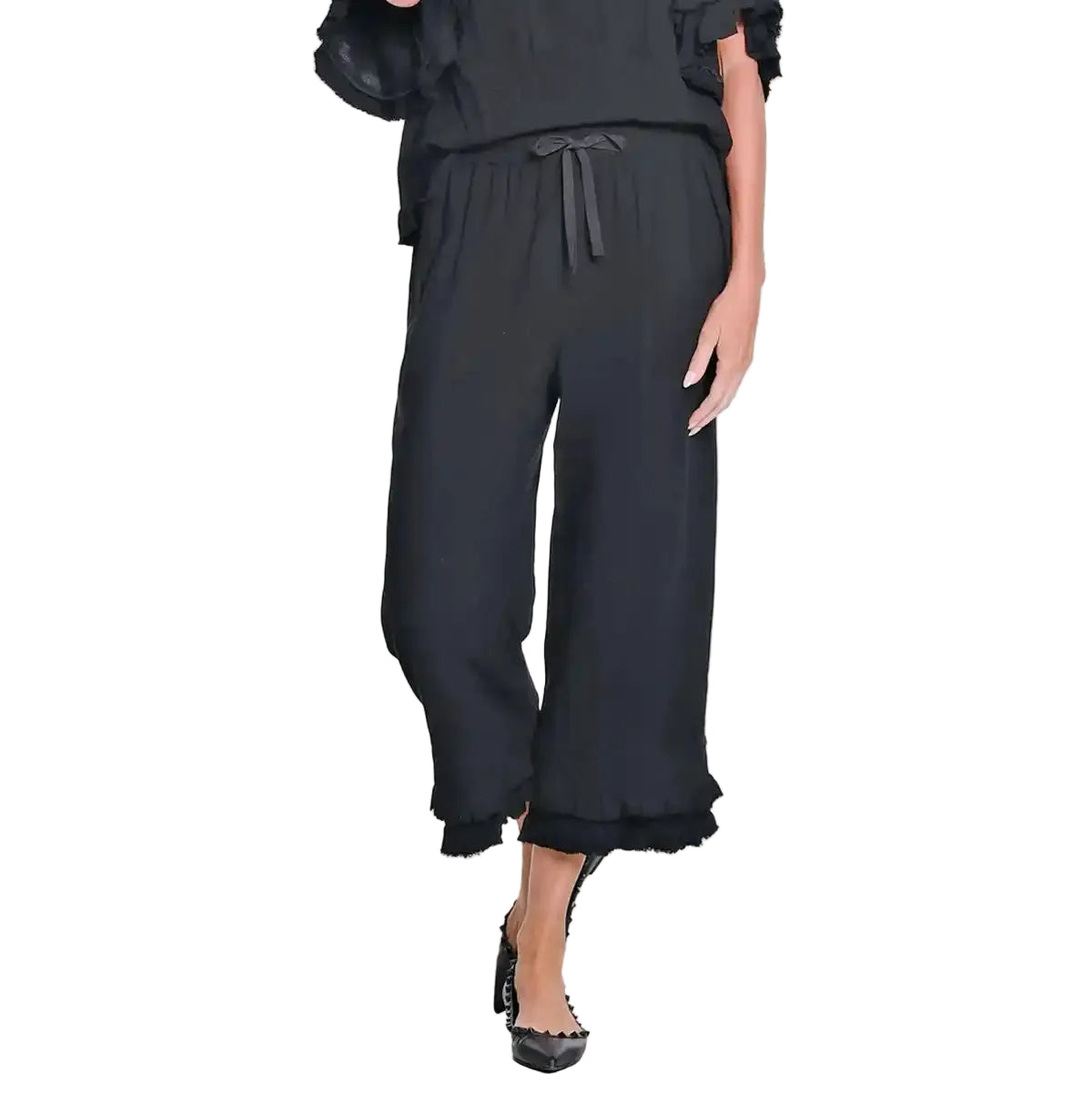 Slimsation Double Ruffle Hem Drawstring Crop Pant (M26721PM)(Black)
