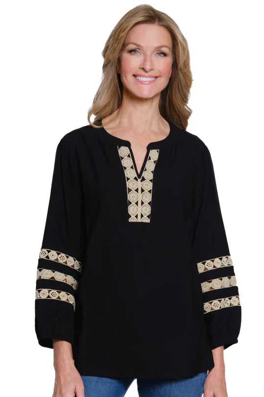 Multiples Notch Neck Woven Top (BLK/TAN)